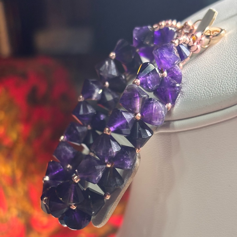 Handmade Amethyst Gemstone Bracelet rose gold tone lobster claw clasp 7.5 inches - Picture 7 of 9